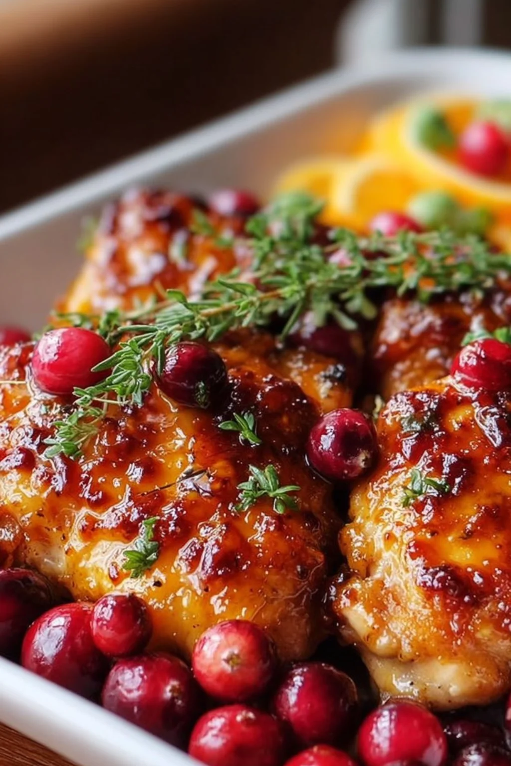 Cranberry Orange Glazed Chicken garnished with fresh herbs on a white plate