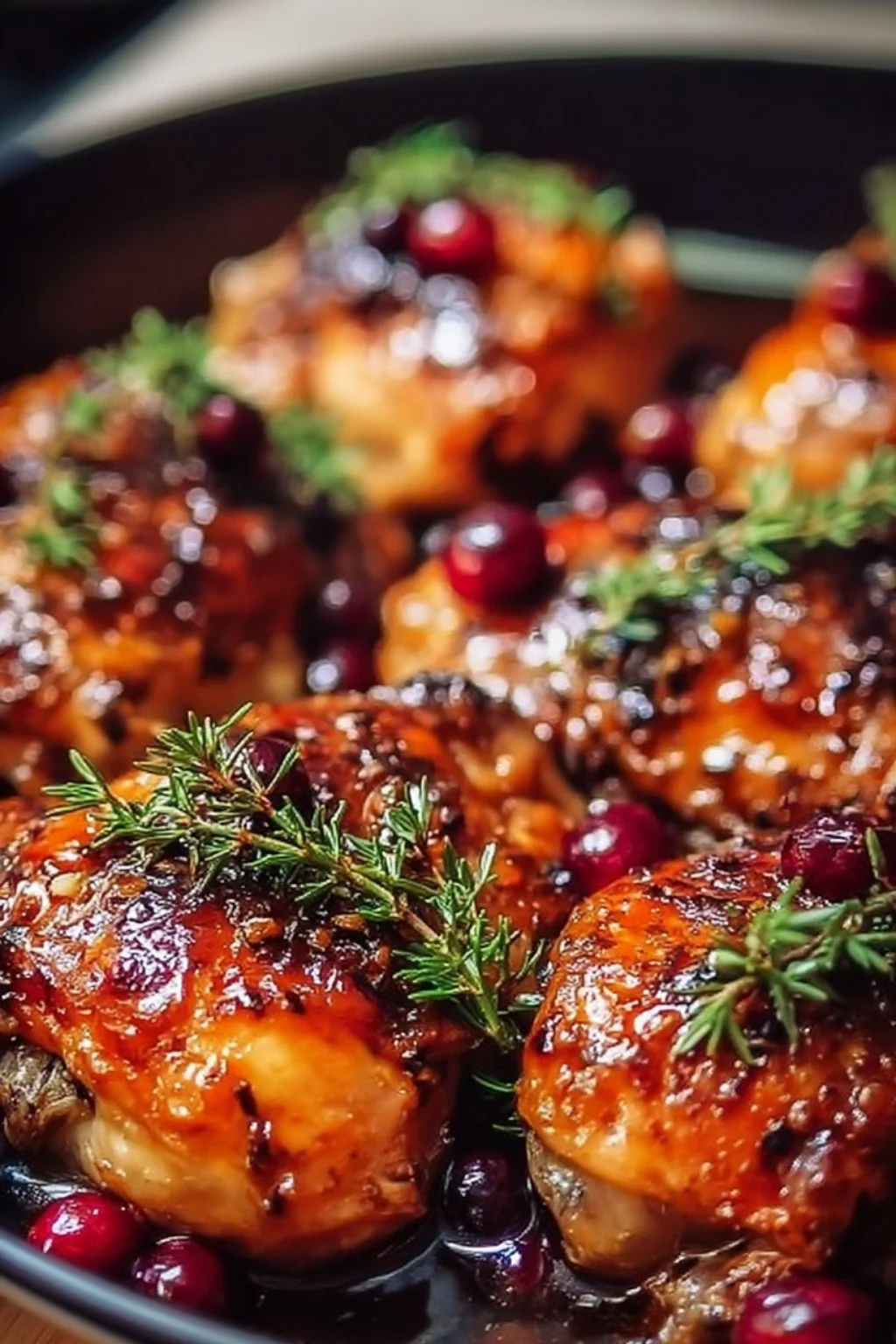 Crockpot Cranberry Glazed Chicken served with fresh herbs on a plate
