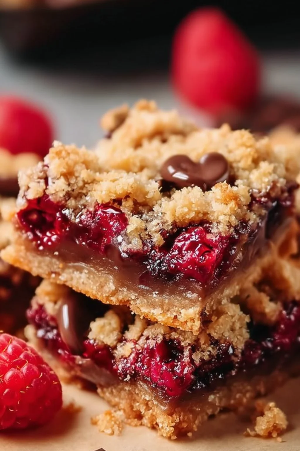 Decadent raspberry chocolate crumble bars topped with a crunchy crumble layer.