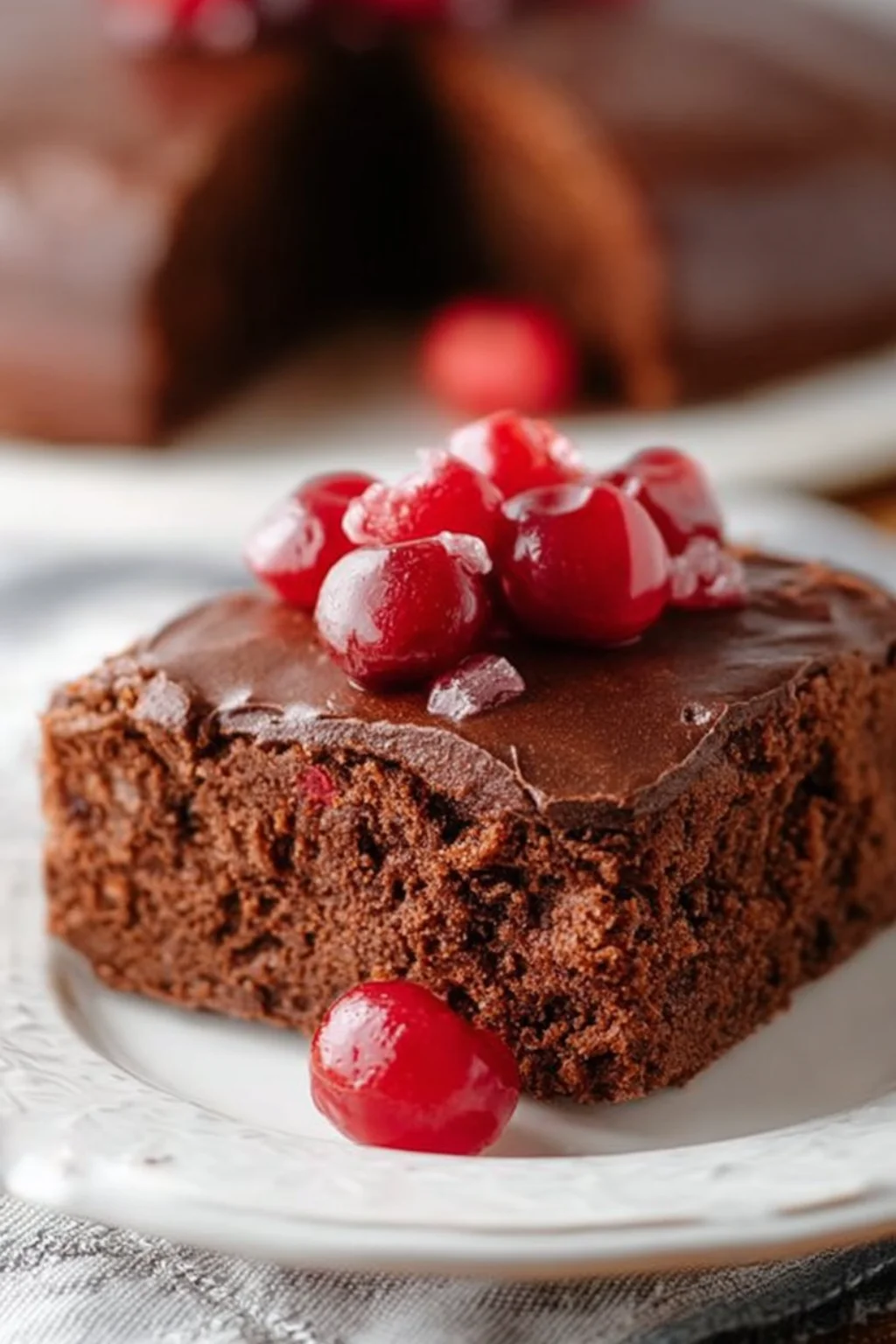 Delicious easy chocolate cherry cake topped with fresh cherries.
