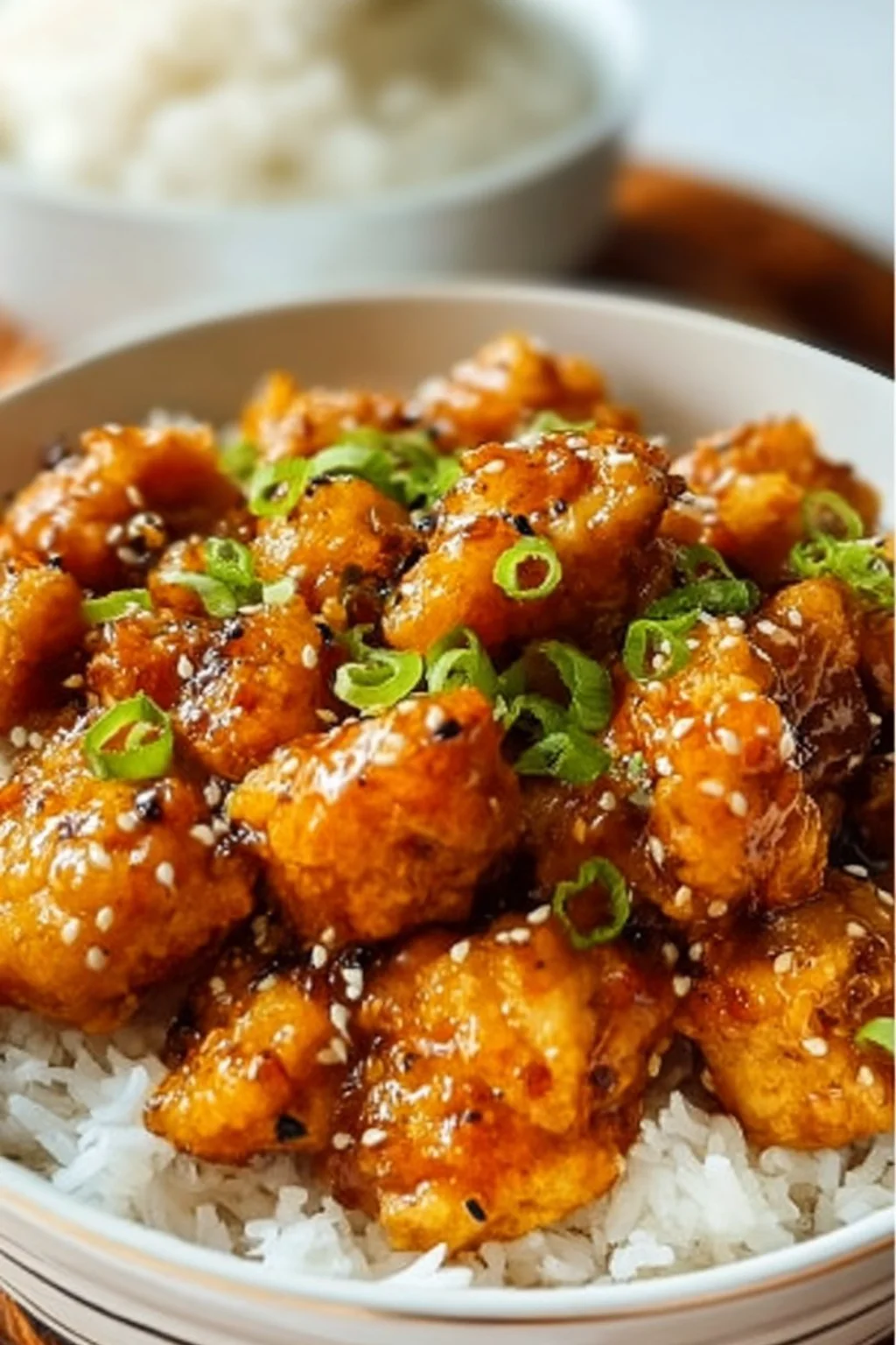Plate of Easy Orange Chicken served with rice and vegetables