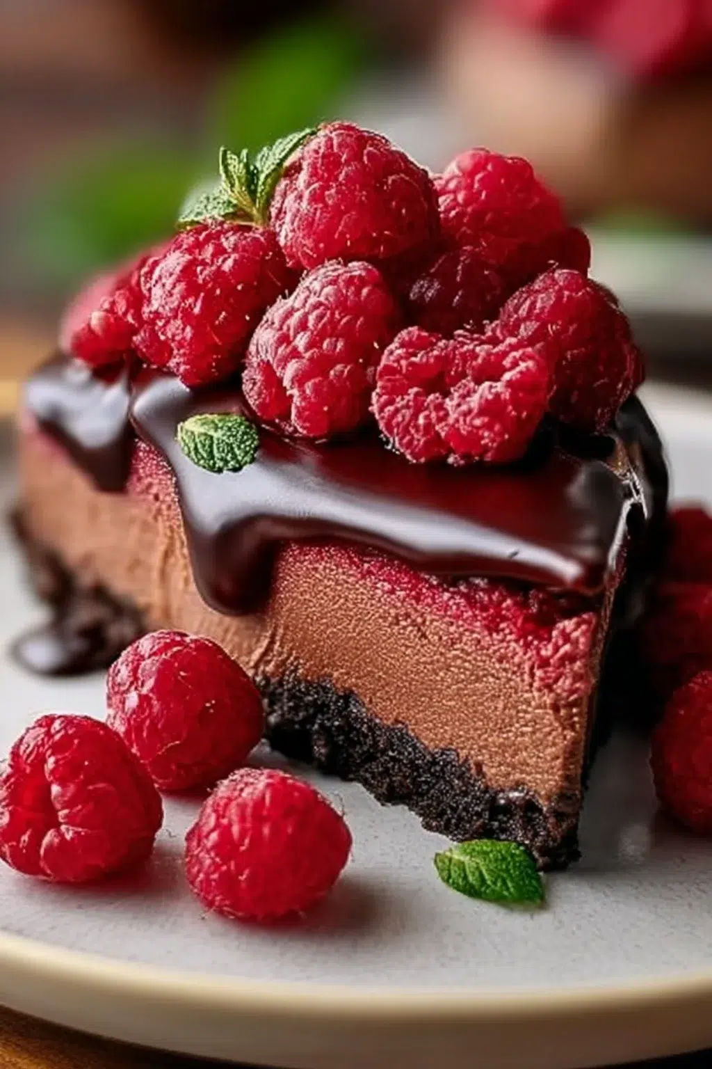 Delicious dark chocolate raspberry cheesecake slice on a plate