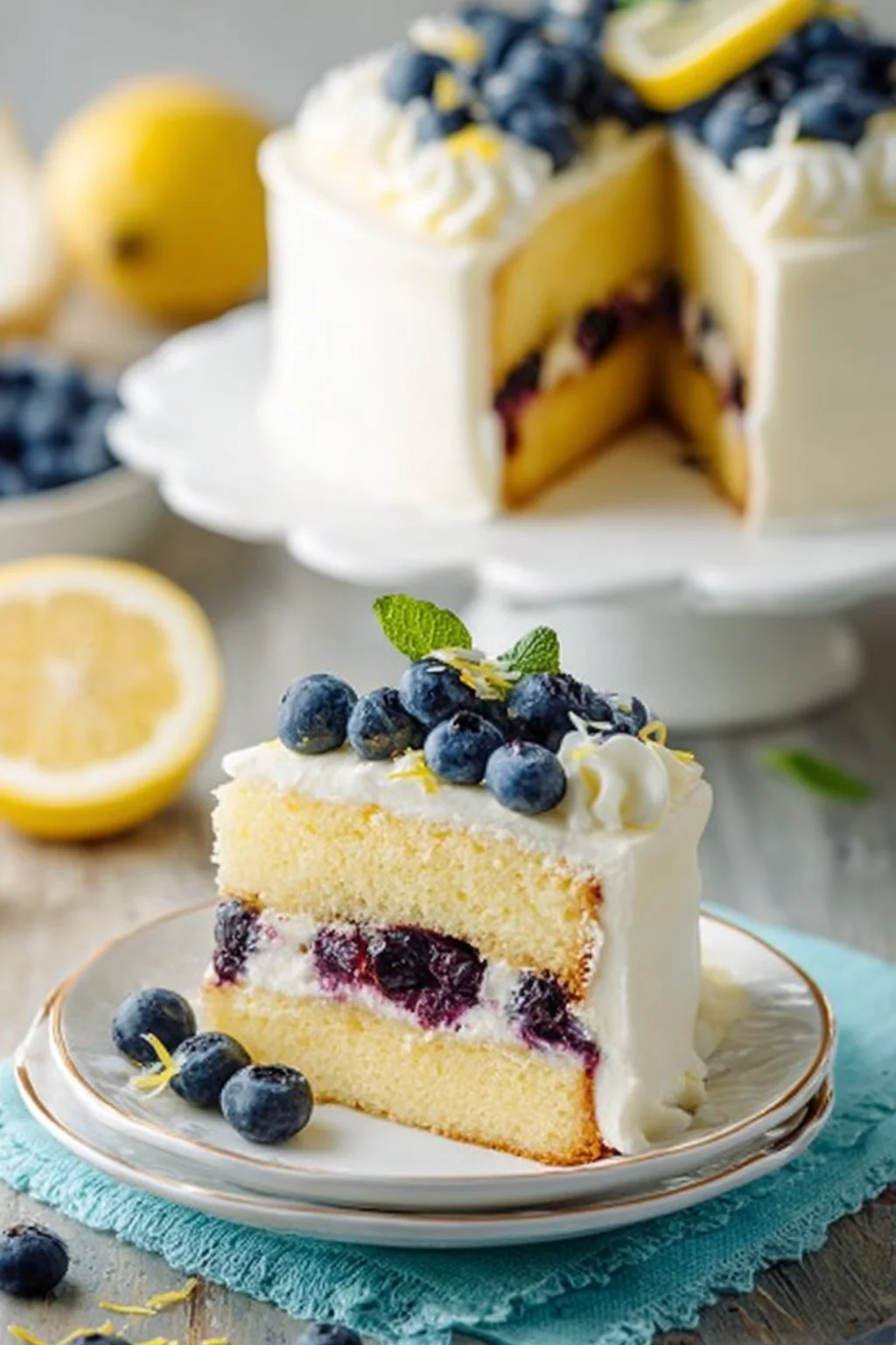 Lemon blueberry layer cake with fresh blueberries and lemon zest on a wooden table