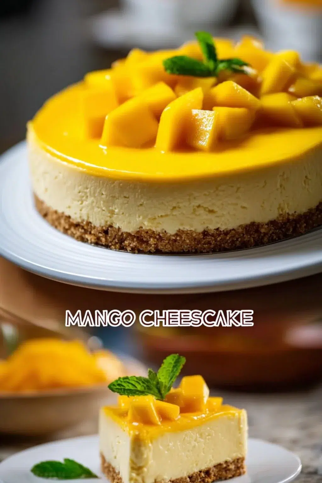 Slice of mango cheesecake topped with fresh mango slices and mint.