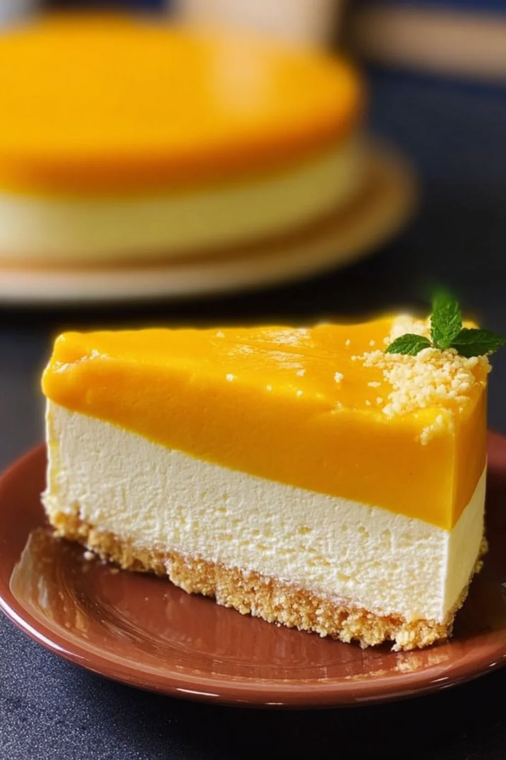 Delicious Mango Mousse Cake topped with fresh mango slices and whipped cream