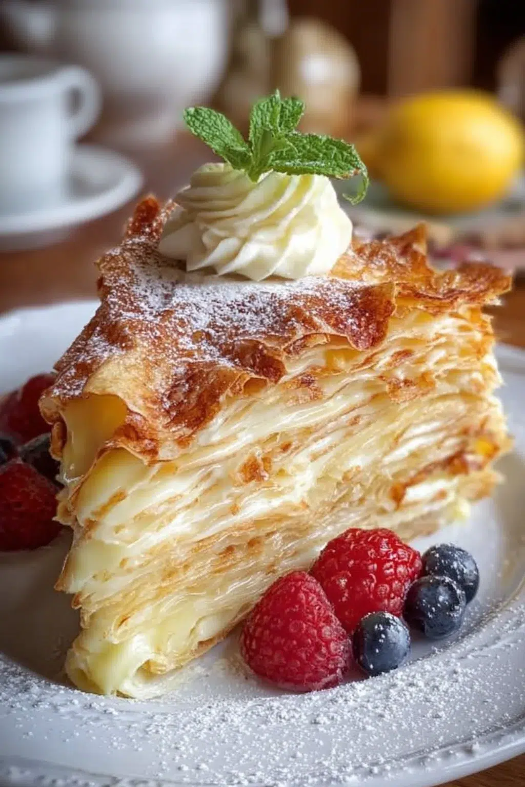 Mascarpone Limoncello Crepe Cake layered with creamy filling and fresh lemon zest.