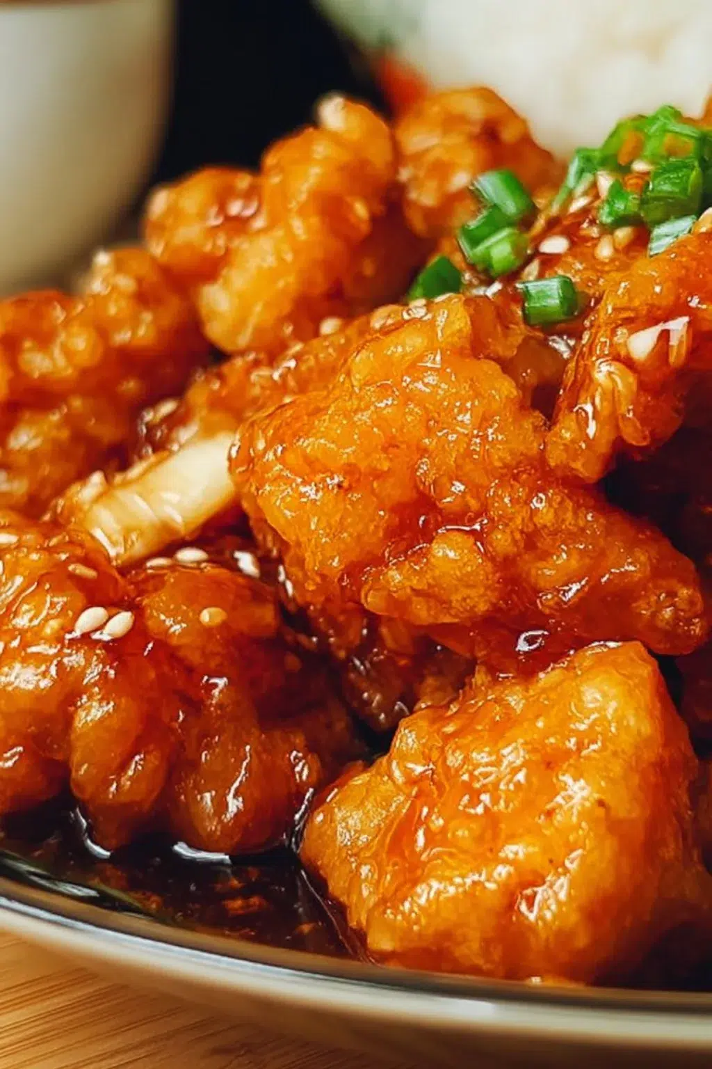 Delicious plate of homemade orange chicken garnished with sesame seeds and green onions.