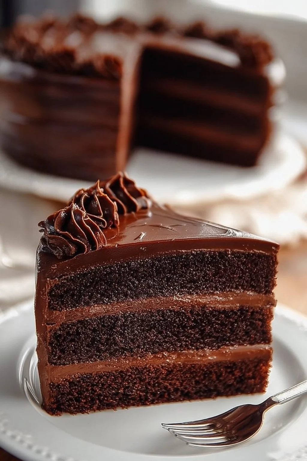 Delicious triple-layer chocolate cake decorated with chocolate frosting and sprinkles