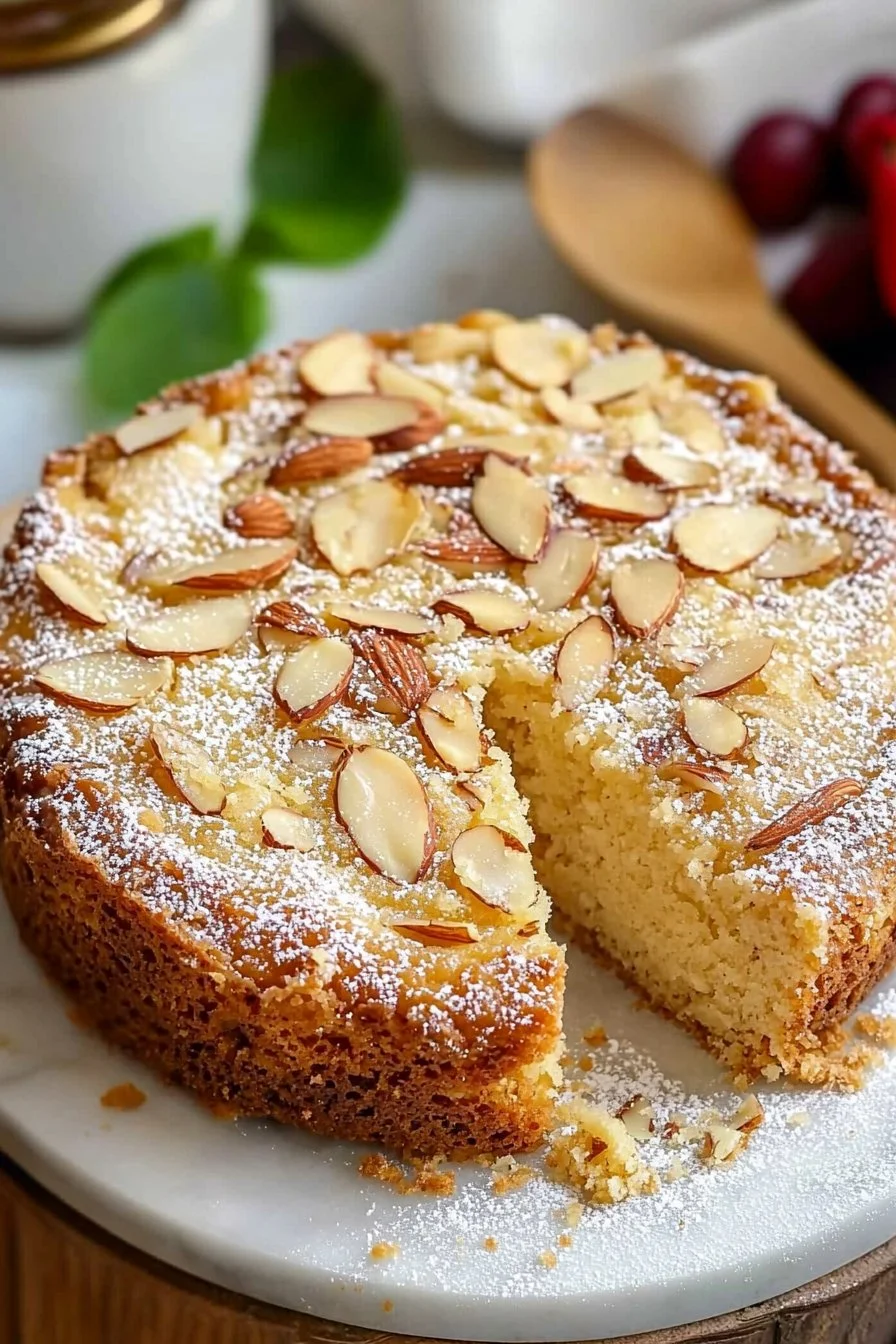 Deliciously moist almond cake topped with almond slices and frosting