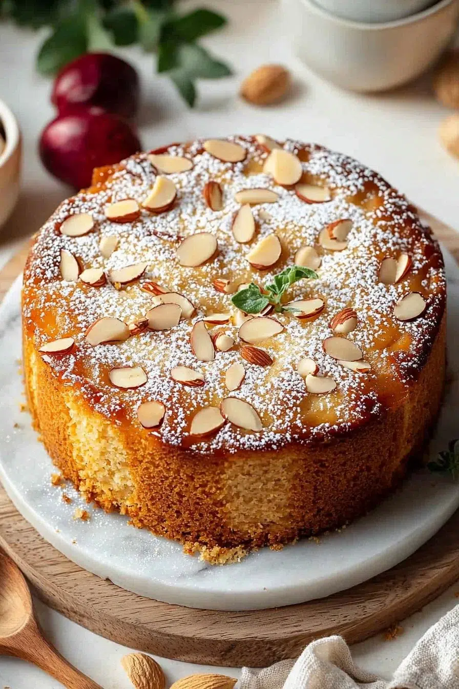 Delicious homemade almond cake with icing and almonds on top
