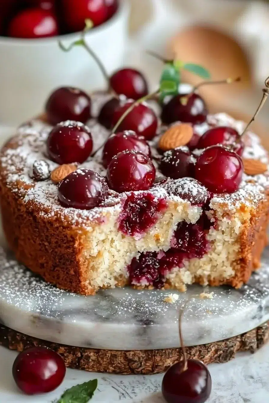 Deliciously moist Almond Cherry Cake served on a plate with cherries on top