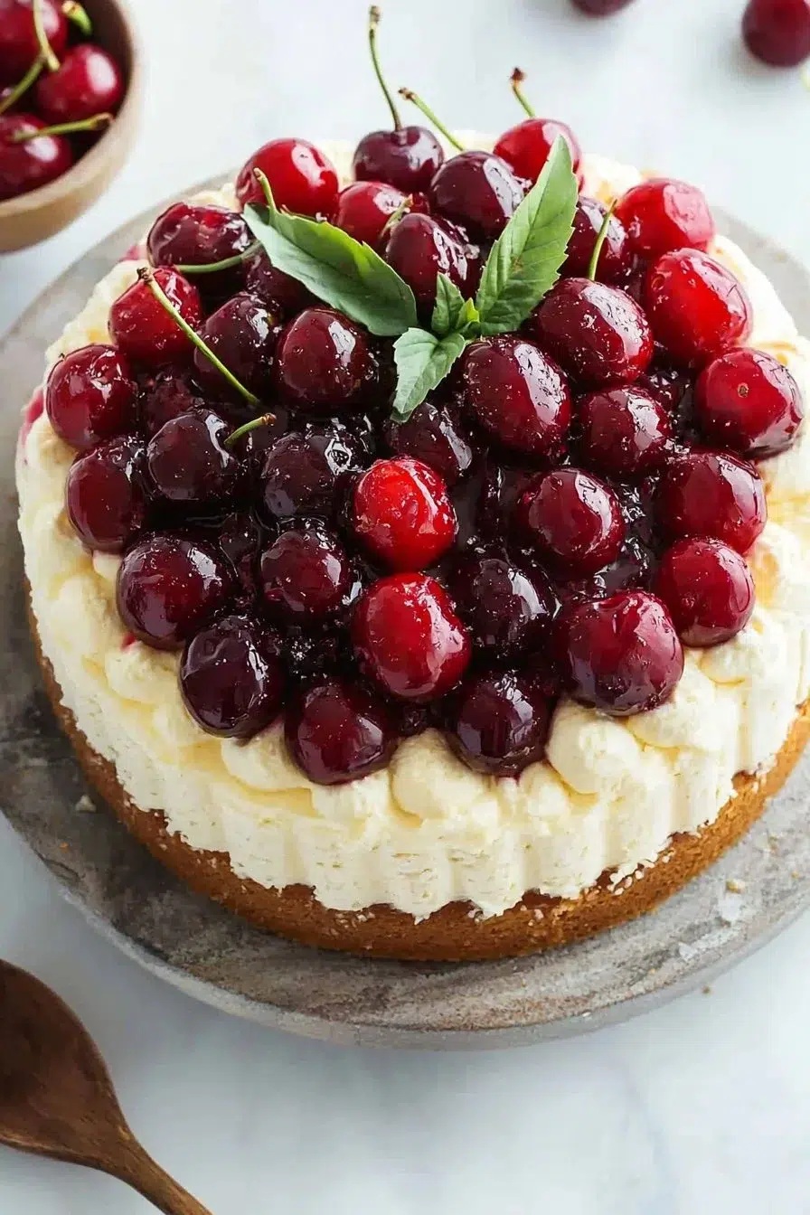 Slice of Almond Cream Cake topped with cherries, the perfect dessert
