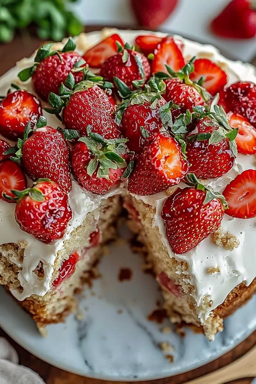 Moist Almond Flour Strawberry Cake topped with fresh strawberries on a plate