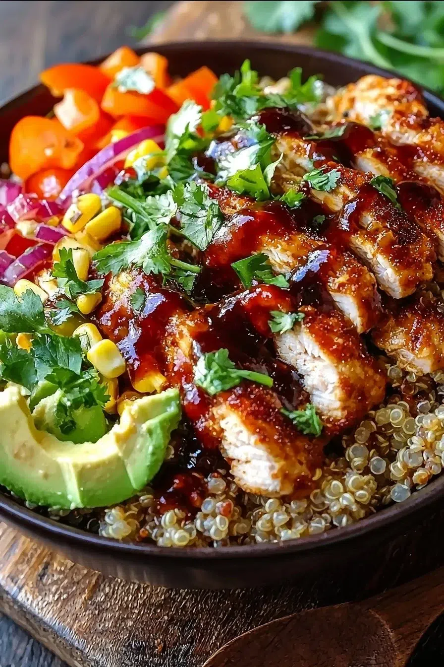 BBQ Ranch Chicken Quinoa Bowl topped with fresh ingredients and sauce