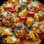 Plate of Parmesan roasted chicken with red peppers for a cozy dinner