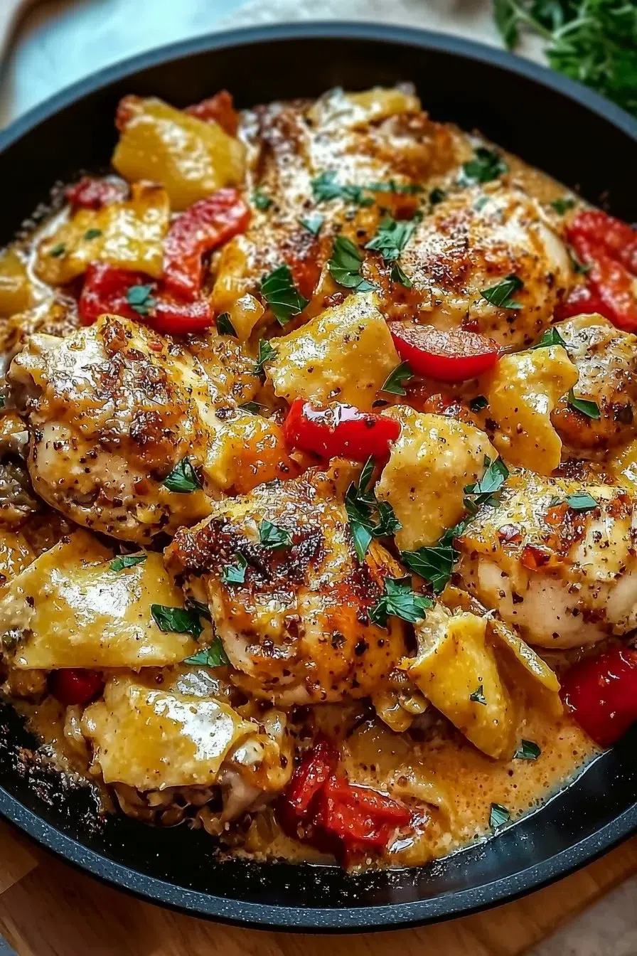 Plate of Parmesan roasted chicken with red peppers for a cozy dinner