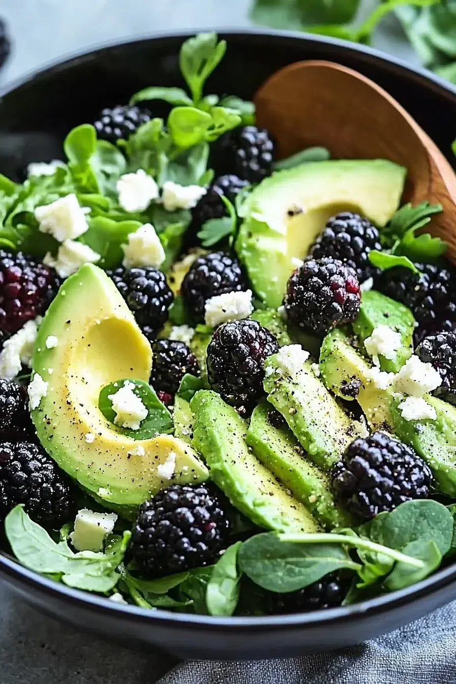 A vibrant blackberry avocado salad with fresh greens, ideal for summer meals.