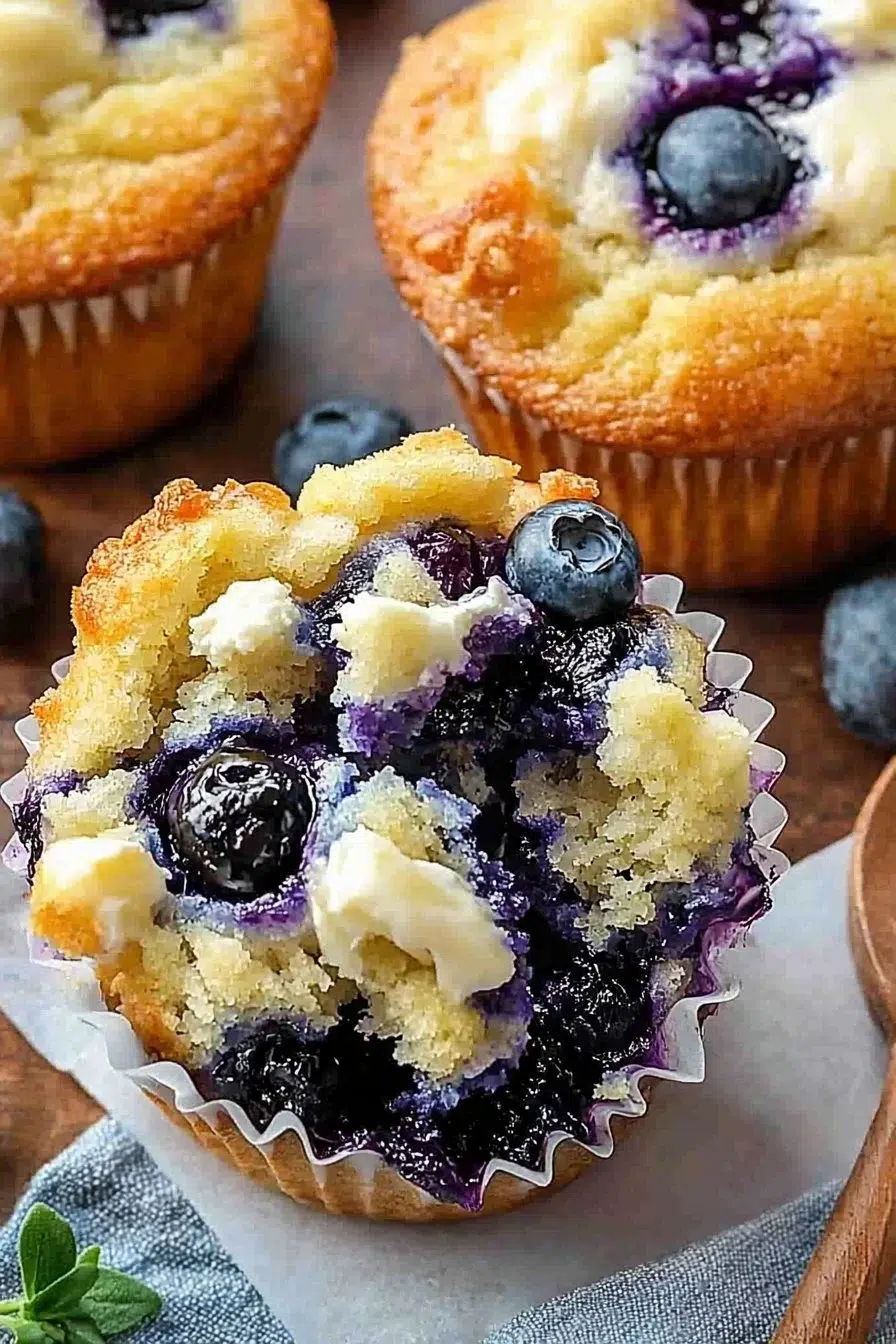 Delicious blueberry cream cheese muffins fresh out of the oven