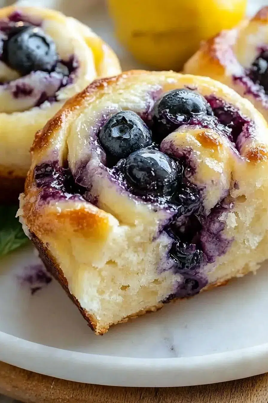Homemade Blueberry Lemon Sweet Rolls on a wooden table
