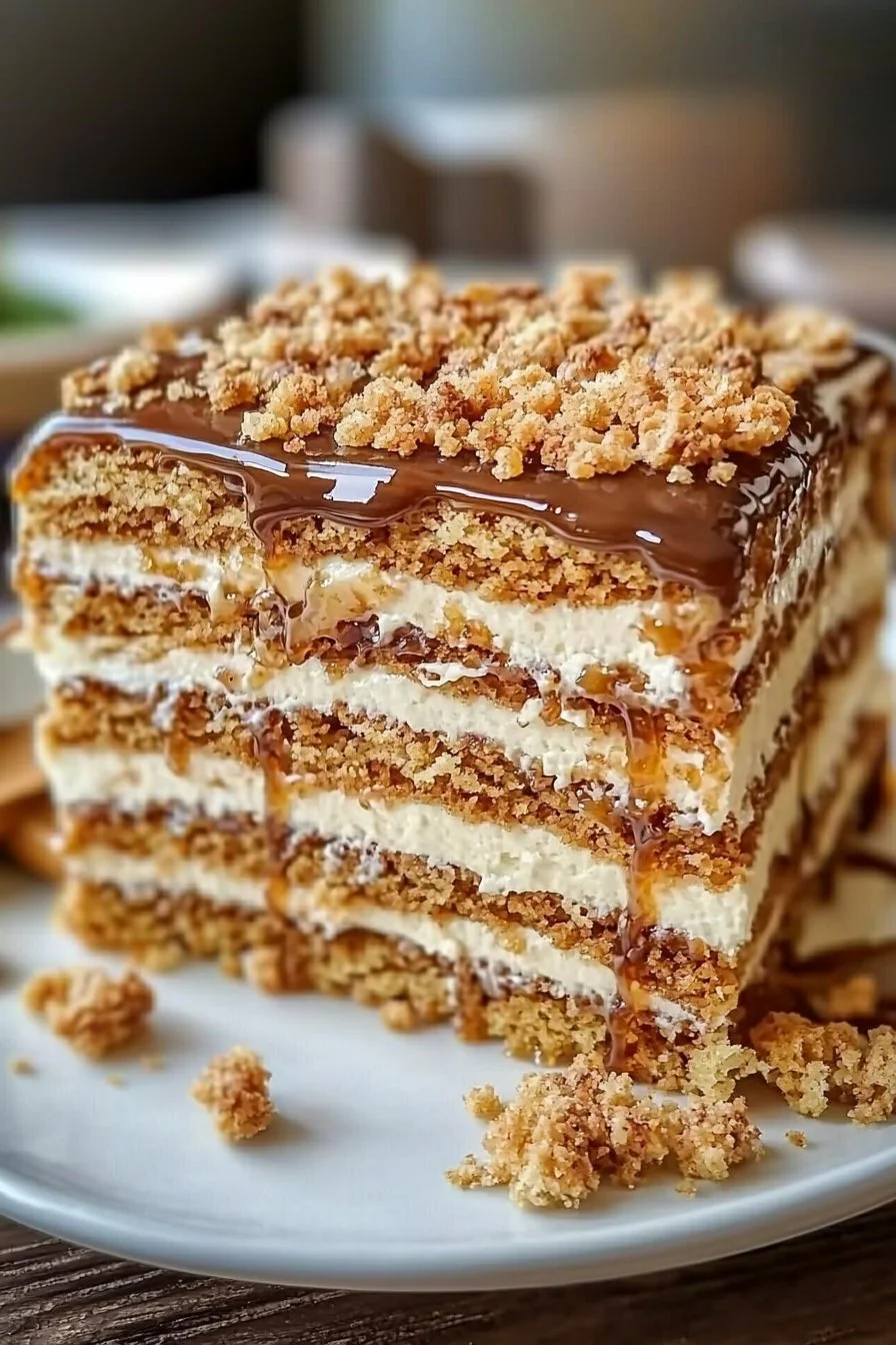 Delicious homemade Caramel Crunch Cake with a crunchy topping