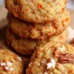 Delicious carrot cake cookies with cream cheese frosting on a rustic wooden table.