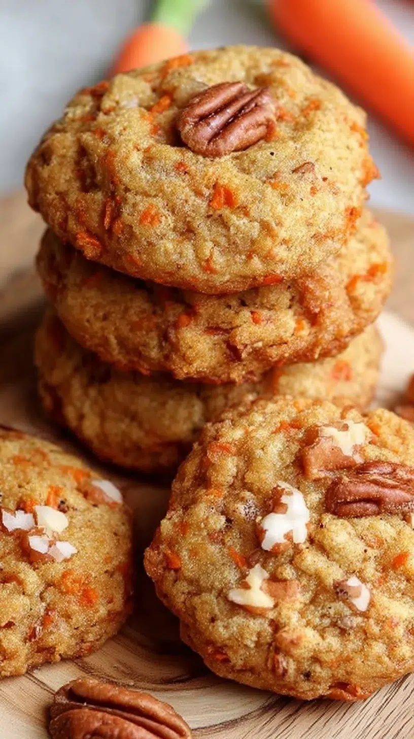 Delicious carrot cake cookies with cream cheese frosting on a rustic wooden table.