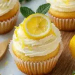 Cheesecake stuffed lemon cupcakes topped with lemon frosting.