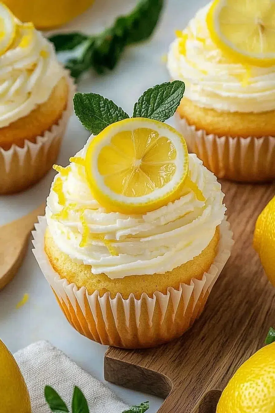 Cheesecake stuffed lemon cupcakes topped with lemon frosting.