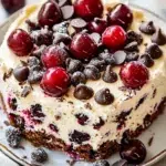 Delicious cherry chocolate chip poke cake with vibrant colors and rich texture