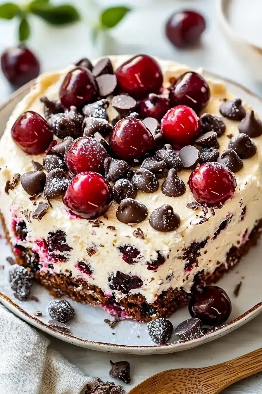 Delicious cherry chocolate chip poke cake with vibrant colors and rich texture