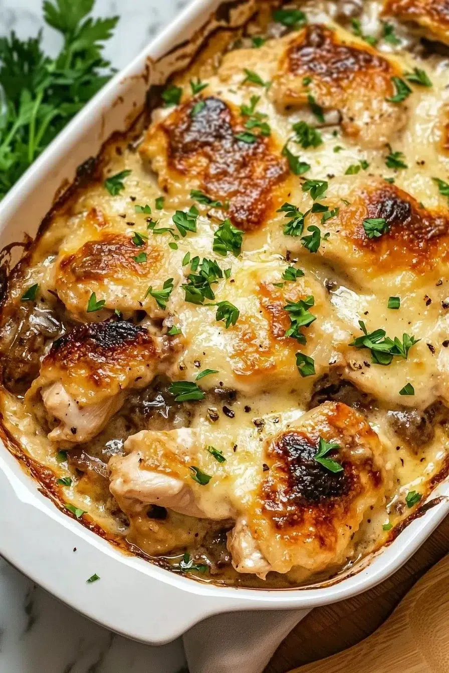 Delicious chicken marsala casserole topped with herbs and spices