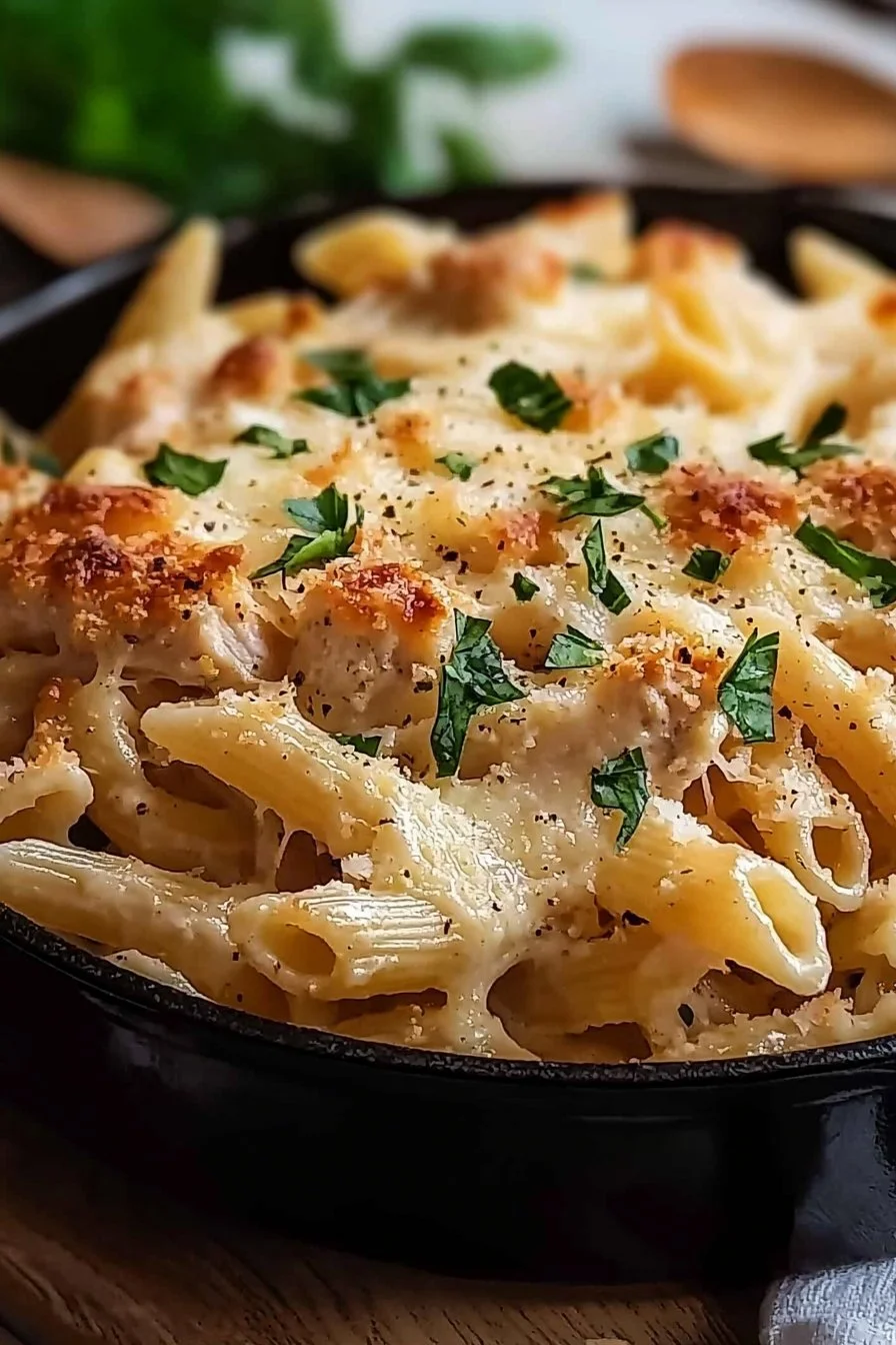 Delicious creamy mozzarella chicken pasta served in a bowl