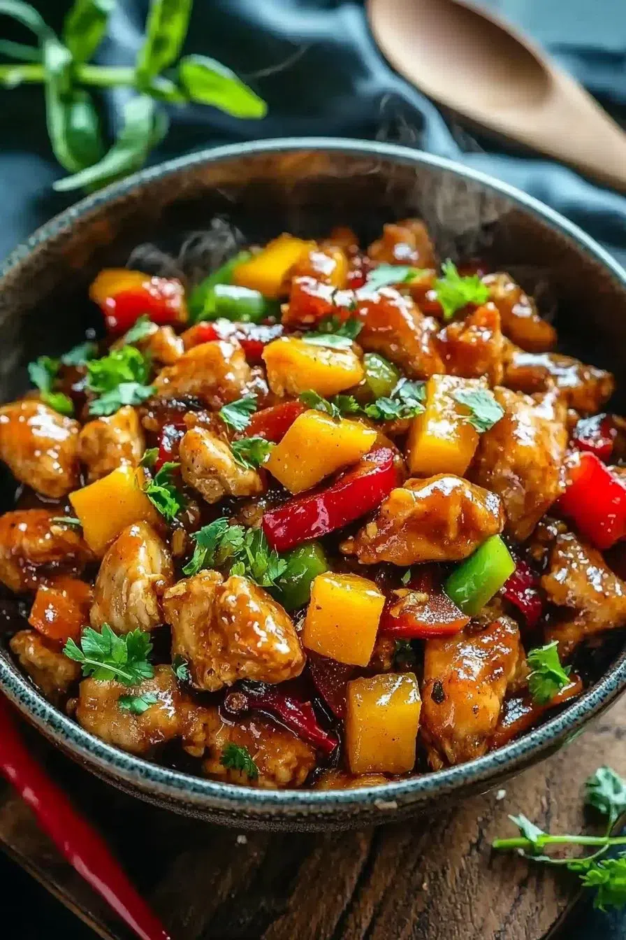 Chinese style mango chicken stir fry with colorful vegetables