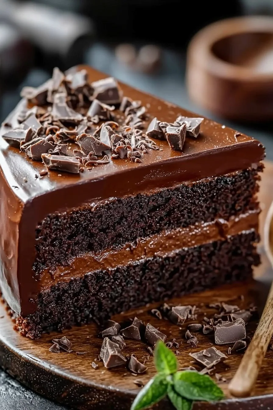 Delicious homemade chocolate cake served with icing and decorations