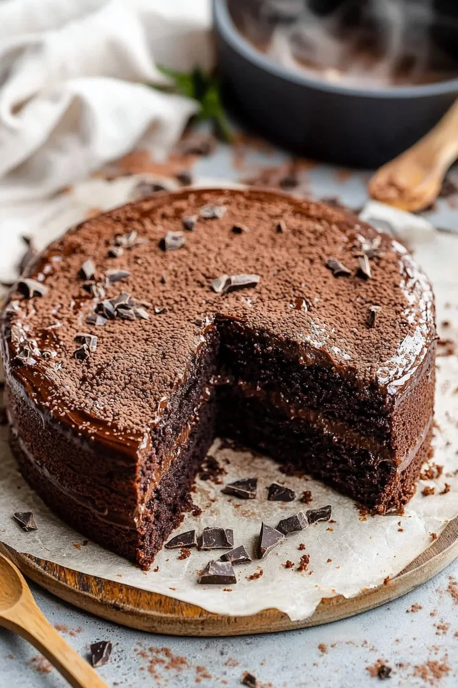 Deliciously moist and rich chocolate cake served on a plate