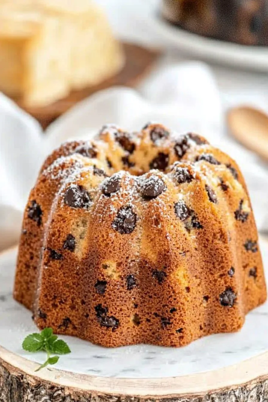 Delicious Chocolate Chip Bundt Cake served on a plate with chocolate chips
