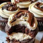Delicious chocolate coffee cream cupcakes topped with coffee-flavored frosting.