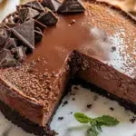 Delicious Chocolate Fudge Truffle Cheesecake topped with fudge and truffles