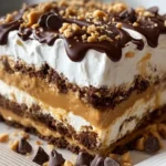 Layered Chocolate Peanut Butter Lasagna dessert with chocolate and peanut butter flavors