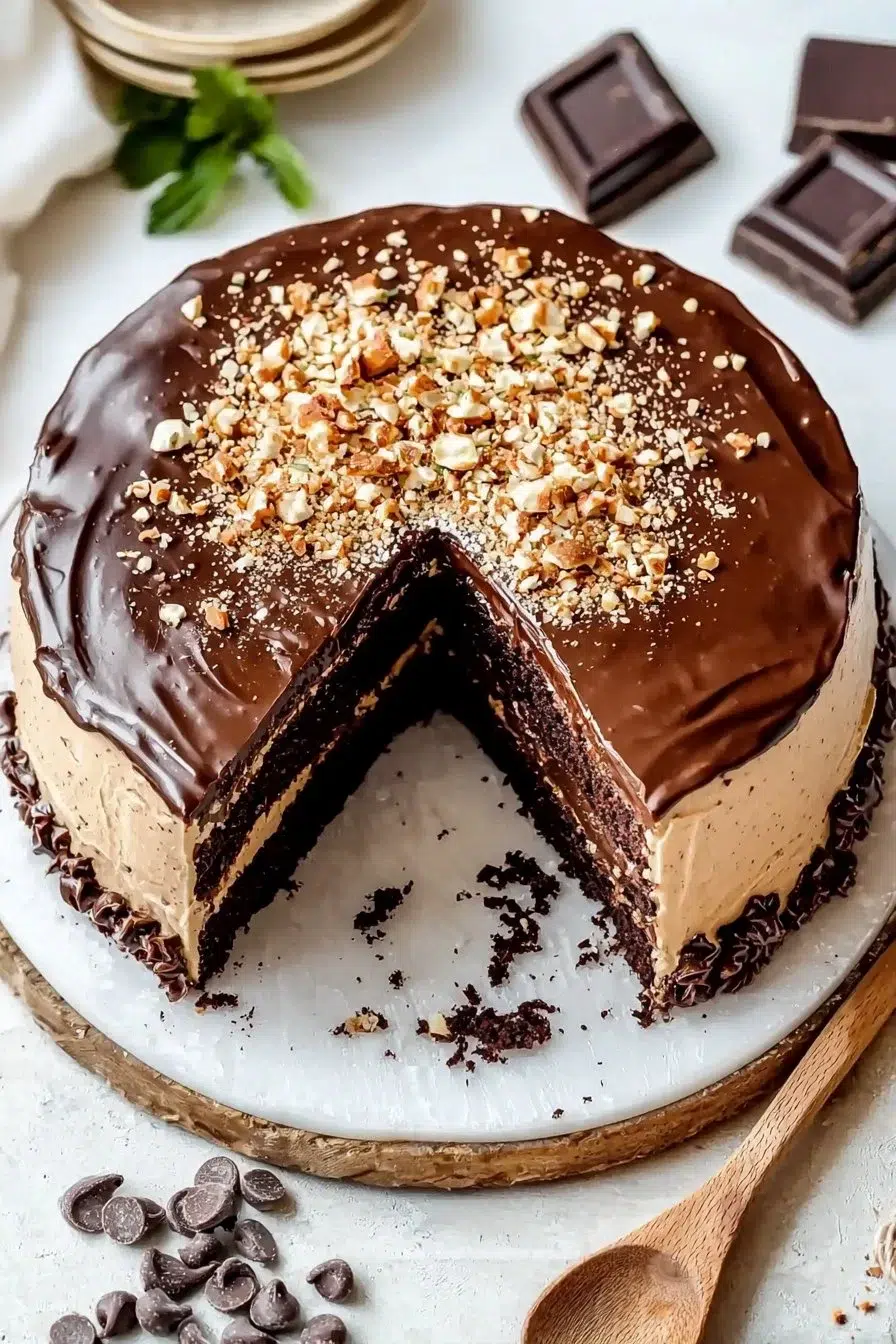Decadent Chocolate Turtle Cake topped with caramel and pecans