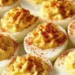 Classic deviled eggs on a serving platter, garnished with paprika