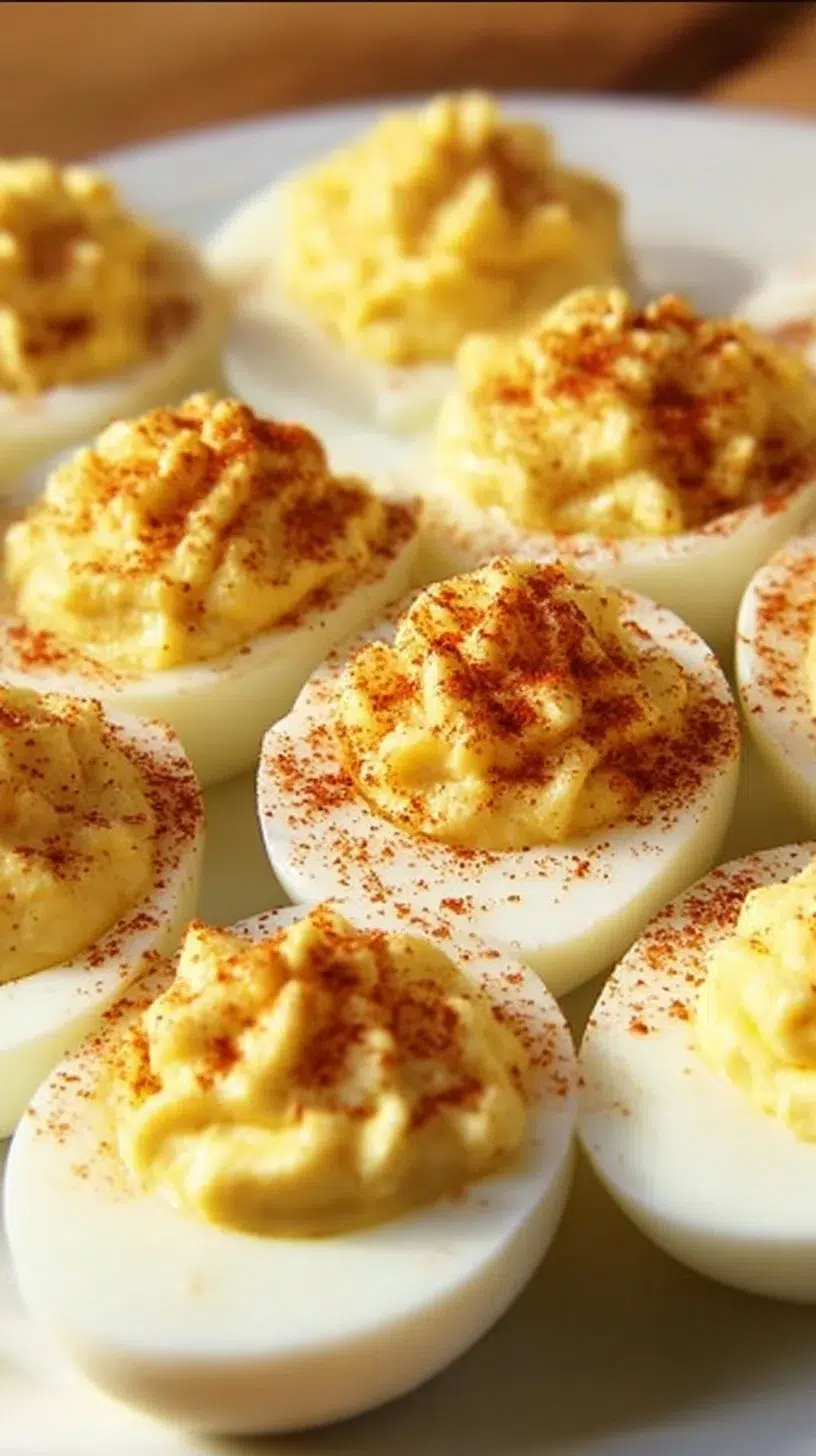Classic deviled eggs on a serving platter, garnished with paprika