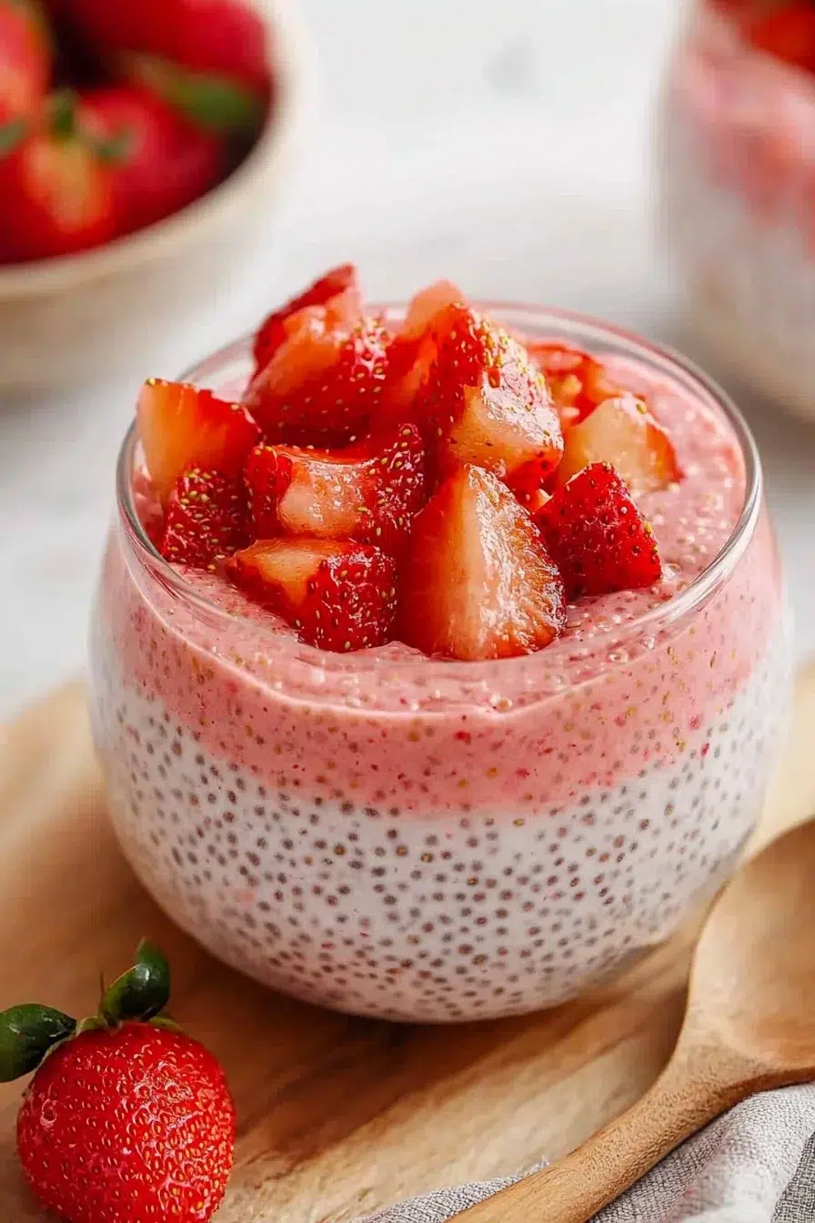 Cottage Cheese Strawberry Cheesecake Chia Seed Pudding in a glass bowl
