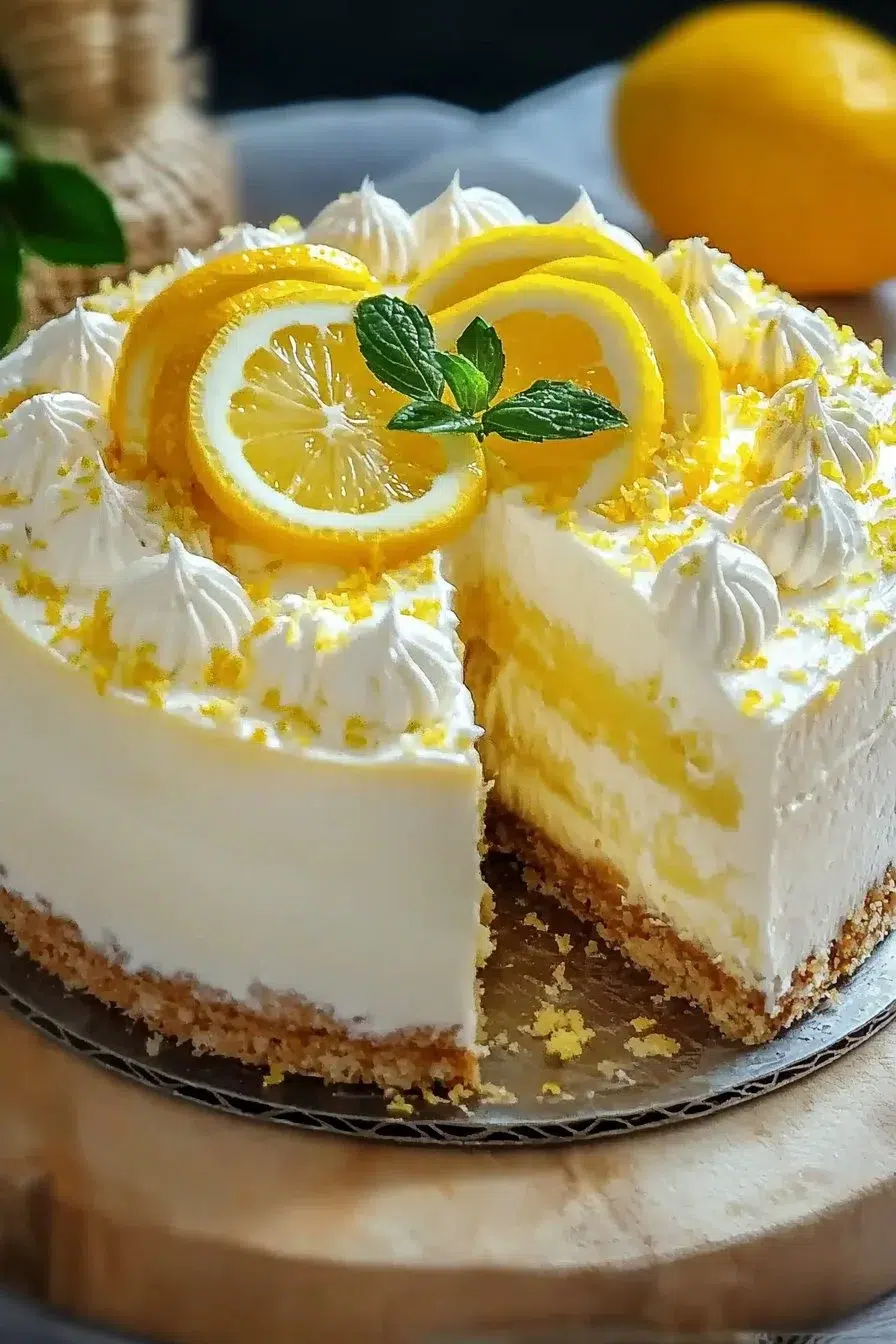 Delicious creamy lemon cheesecake cake topped with fresh lemon slices