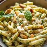 Creamy pesto goat cheese pasta topped with pine nuts