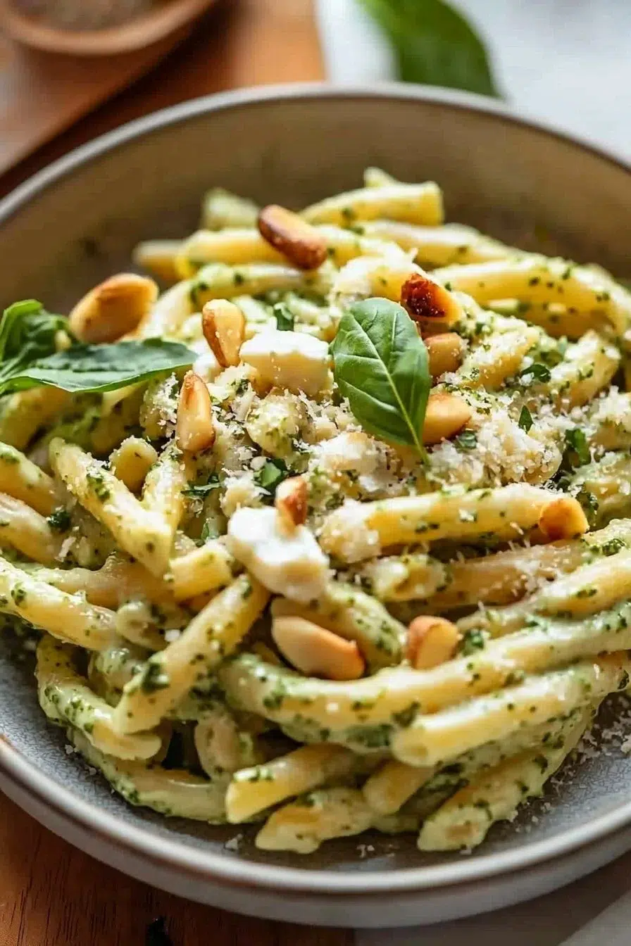 Creamy pesto goat cheese pasta topped with pine nuts