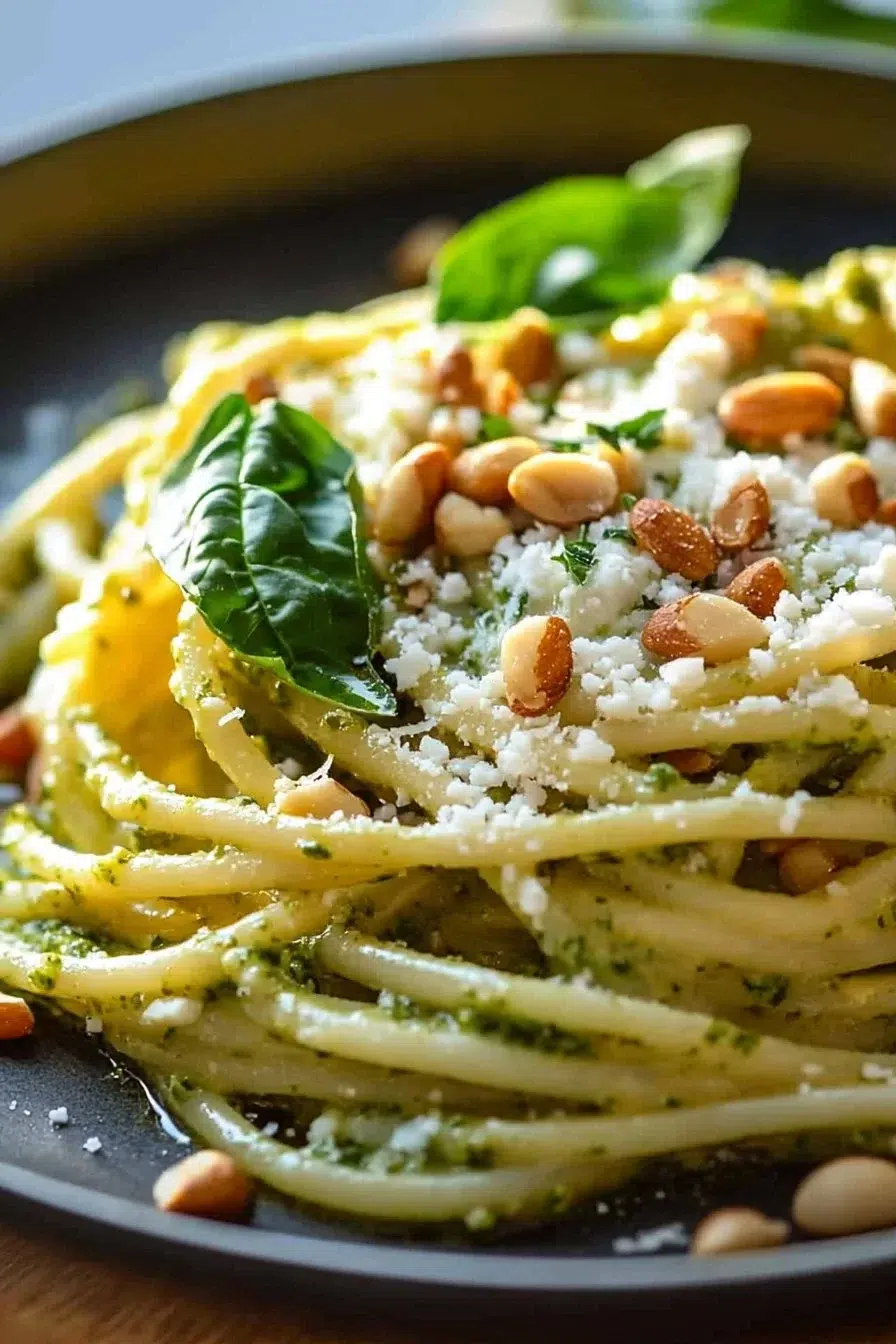 Creamy Pesto Goat Cheese Pasta with Pine Nuts