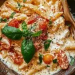 Creamy tomato ricotta pasta served in a bowl with fresh basil and cheese
