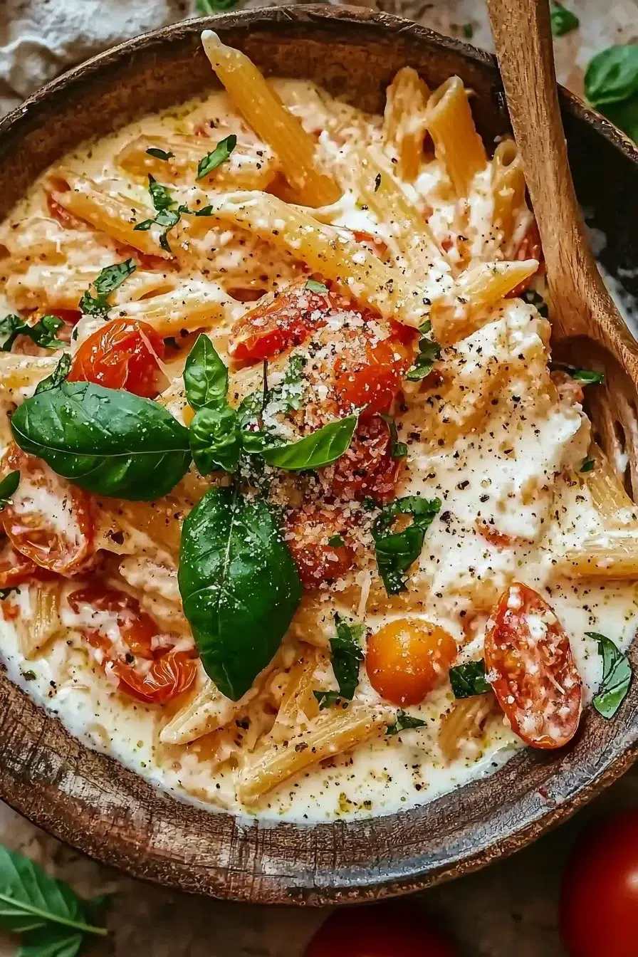 Creamy tomato ricotta pasta served in a bowl with fresh basil and cheese