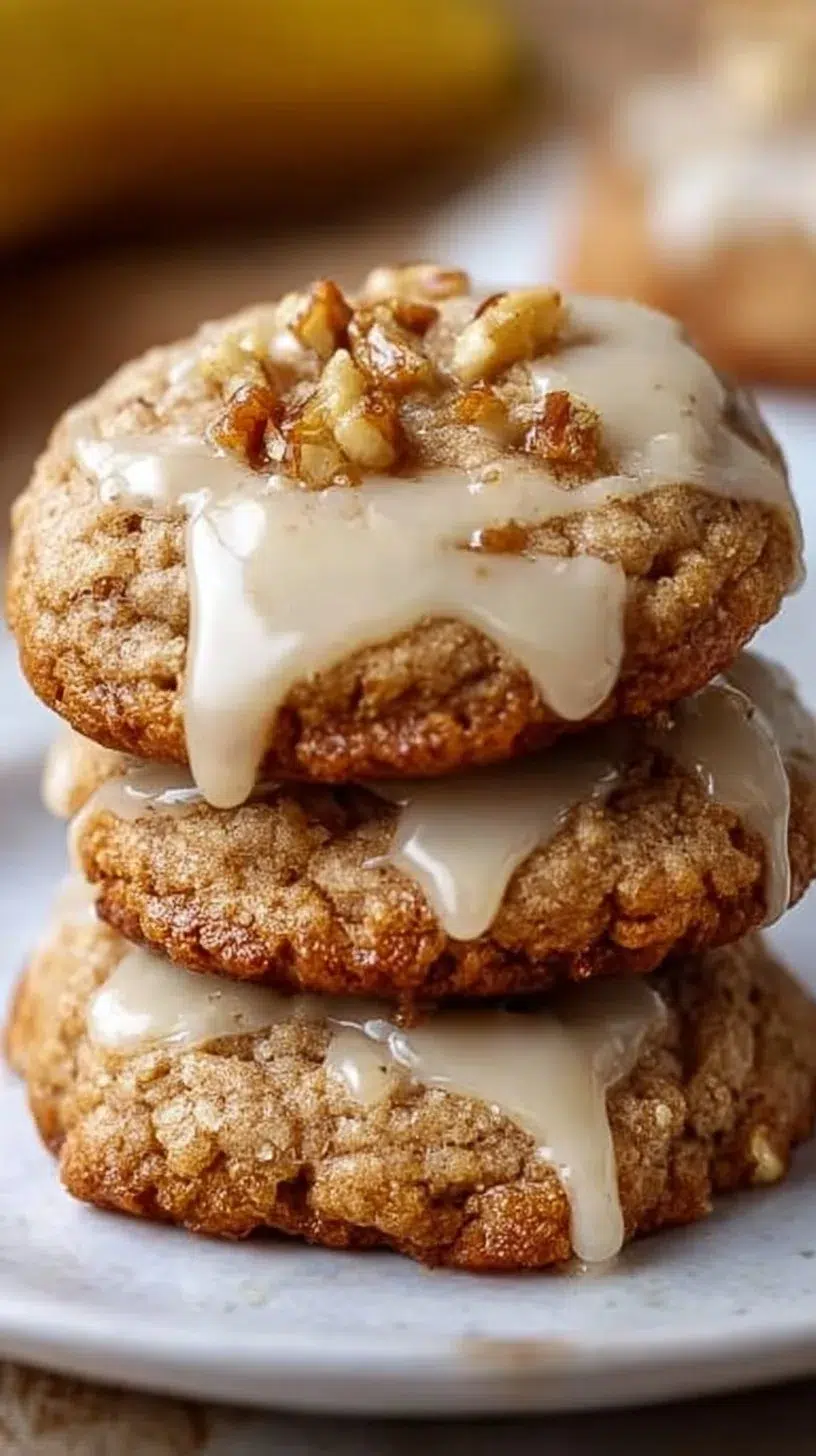 Crumbl banana bread cookies drizzled with cream cheese glaze on a plate.
